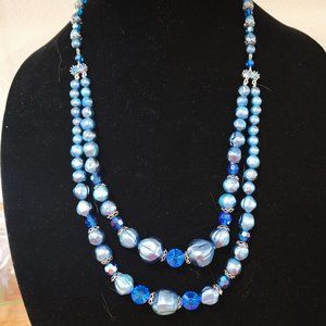 Vintage double strand blue faux pearl and crystal necklace